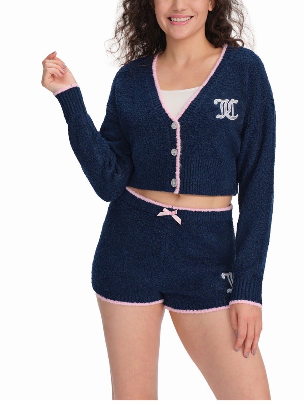 Juicy Couture Navy and Pink Fuzzy Cropped Cardigan & Shorts Set